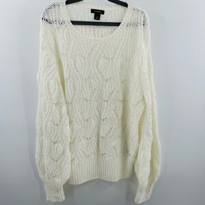 Halogen Wool Mohair Blend Open Knit Long Sleeve Soft White Long Sleeve Sweater